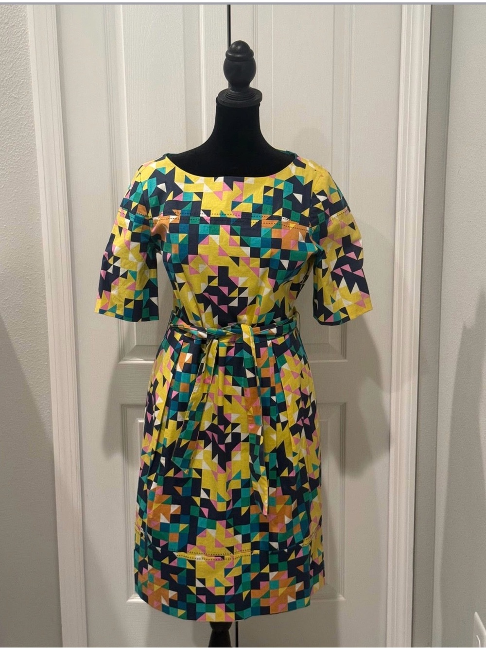 Tory Burch Yellow Multicolor Geometric Belted Midi Dress